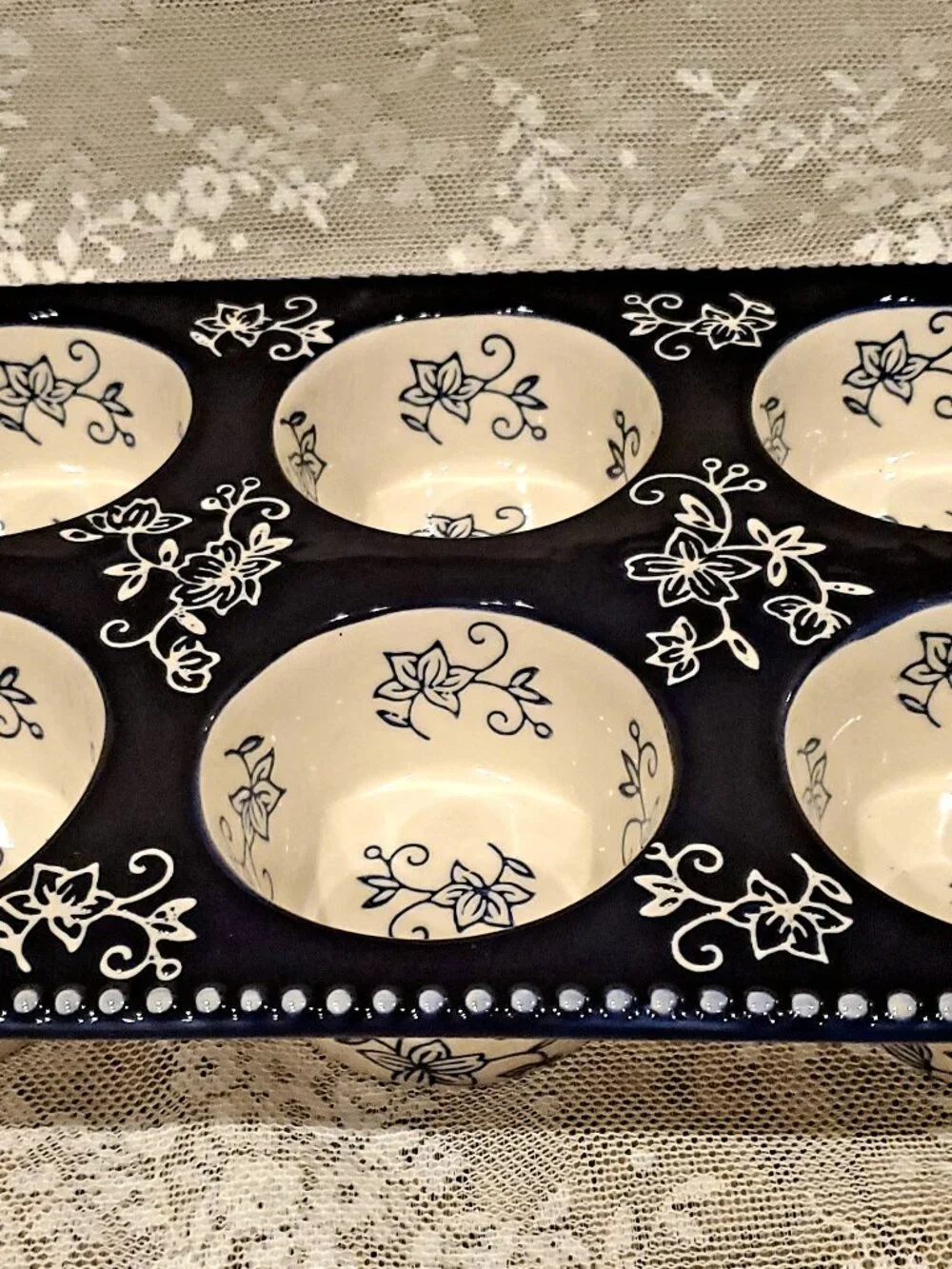 Temptations Cobalt Blue & White Floral Lace 6 Hole Cupcake Muffin Baker
